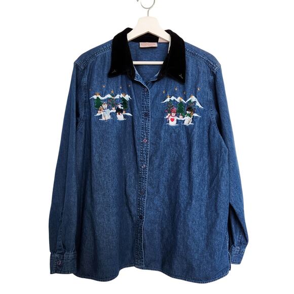 Vintage Basic Editions Holiday Jean Chambray Button Down Shirt XL - Picture 1 of 8
